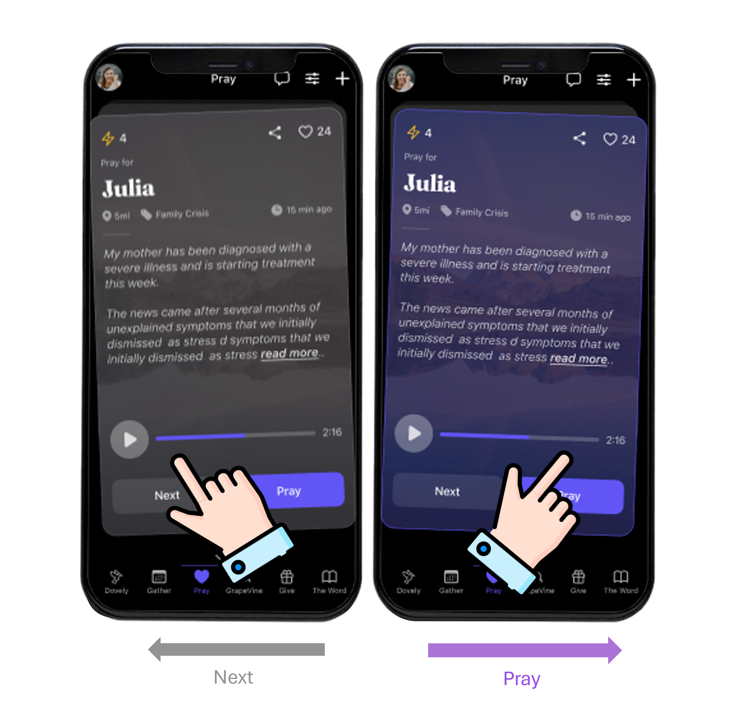 Prayer swipe interface